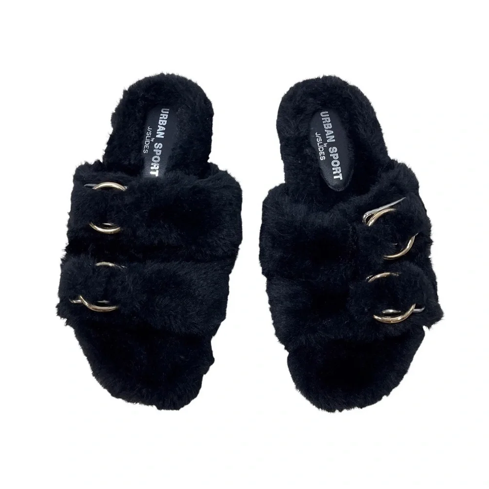 Urban Sport by J Slide Babee Faux Fur Sandal Slide Black Size 8 Double Buckle - Picture 2 of 9